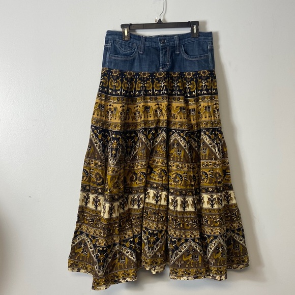 Elven Moon Dresses & Skirts - Eleven Moon Midi Skirt Denim Jean Waist Brown Tan Multi-pattern  Small